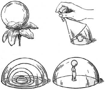 Fig. 66. Experimentos con pompas de jabón: la pompa posada en la flor; una pompa cubriendo un florerito; unas pompas dentro de otras; una estatuilla coronada por una pompa y cubierta por otra.