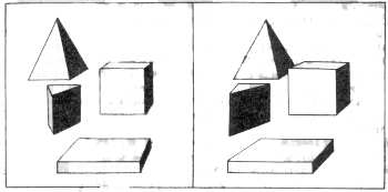 Fig.126.  Parece que estas cuatro figuras geométricas, al fundirse las dos imágenes, flotan en el espacio.
