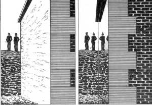 Fig. 118.  La pared gris e irregular del fuerte (a la izquierda) se transformaba de repente en una superficie pulida, que reflejaba las imágenes (a la derecha).