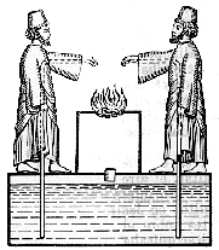 Fig. 76.  Otro antiguo seudomilagro; el aceite se vierte por sí mismo en la llama del altar