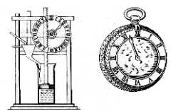 Fig. 5. Reloj de agua (a la izquierda) que se utilizó en la antigüedad. A la derecha un antiguo reloj de bolsillo. Tanto el uno como el otro carecen de minutero