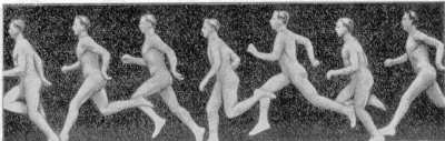 Fig. 19. As&iacute; corre el hombre. (Posiciones consecutivas del cuerpo durante la carrera; Obs&eacute;rvese que en algunos momentos ambos pies est&aacute;n en el aire.)