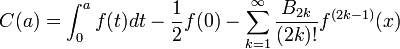 C(a)=int_0^a f(t)dt-frac{1}{2}f(0)-sum_{k=1}^{infty}frac{B_{2k}}{(2k)!}f^{(2k-1)}(x)
