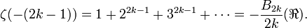 zeta(-(2k-1)) = 1+2^{2k-1}+3^{2k-1}+cdots = -frac{B_{2k}}{2k} (Re).